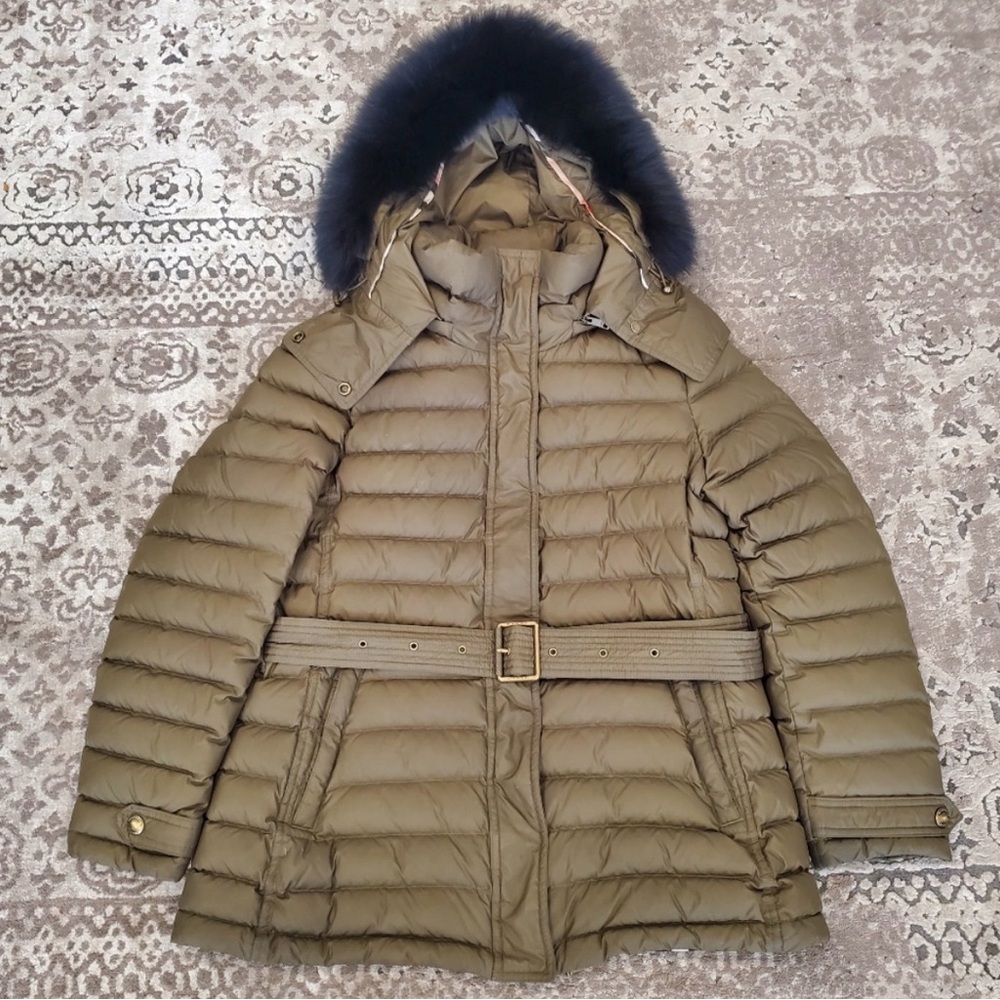 Burberry Brit Cornsdale Belted Puffer Coat with Fox Fur Trim Hood Size XL - Picture 2 of 4